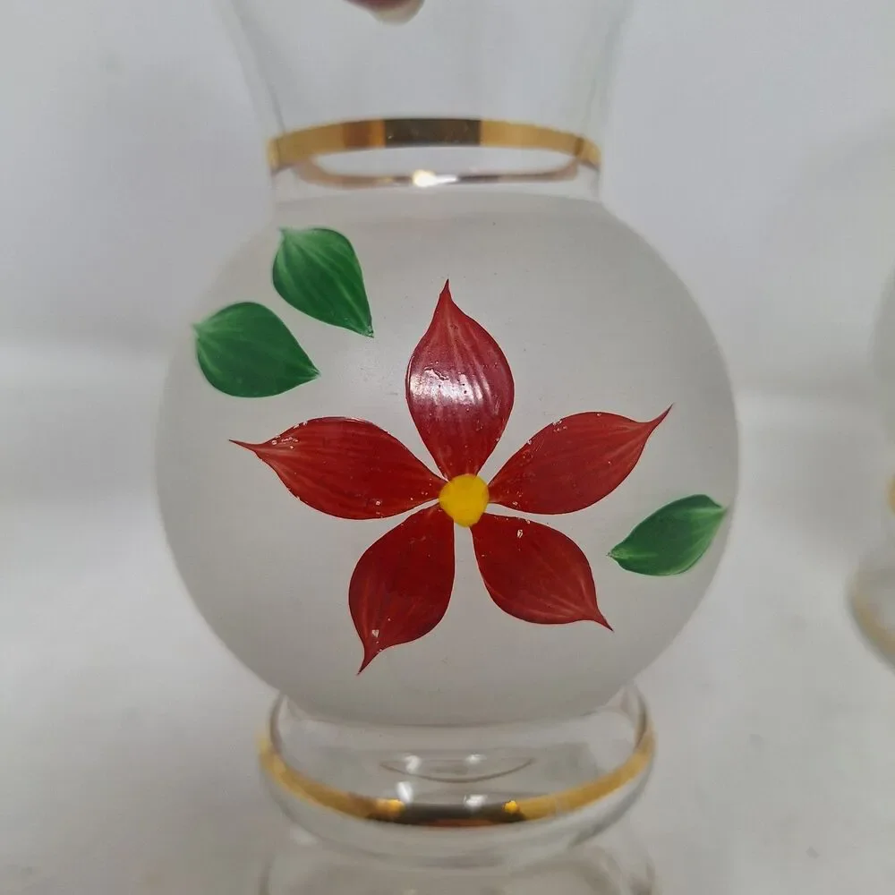 Vintage Bartlett Collins Poinsettia Frosted Bud Vases Set Of 2 Hand Painted